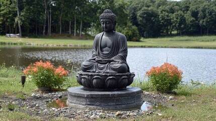 Serene Buddha Statue by the Pond A Tranquil Garden Scene