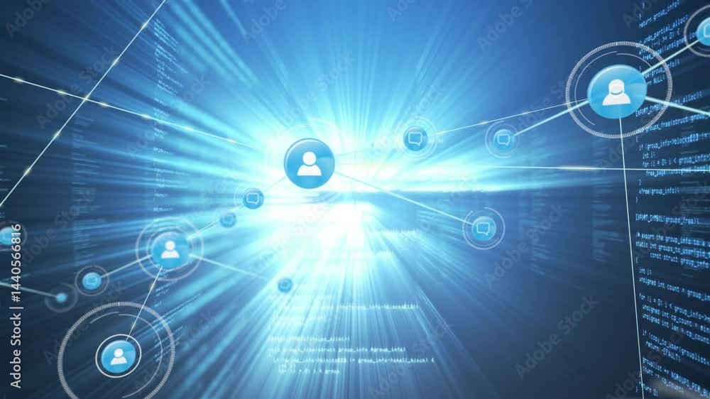 Poster designers exploring tech network visualization with avatar icons, code streams and light beams
