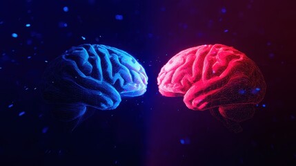 Fototapeta premium Two stylized brains in blue and red colors facing each other, surrounded by glowing particles