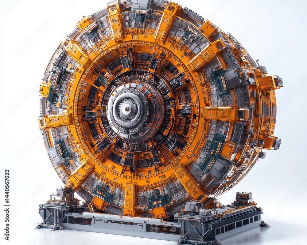 Poster image of a complex particle collider with intricate details on white background for scientific visua