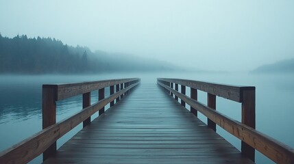 Obraz premium Misty Lake Wooden Dock, Foggy Forest Background