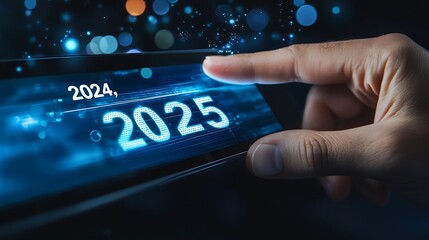 A professional using a smartphone to touch a digital progress bar that reads "2024," while another hand points to "2025," illustrating future business aspirations