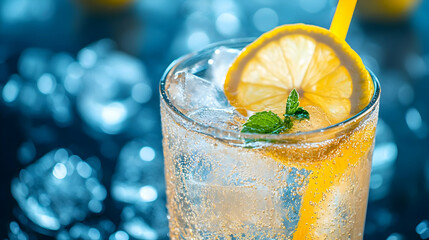 Close Up of Sparkling Drink with Lemon and Mint