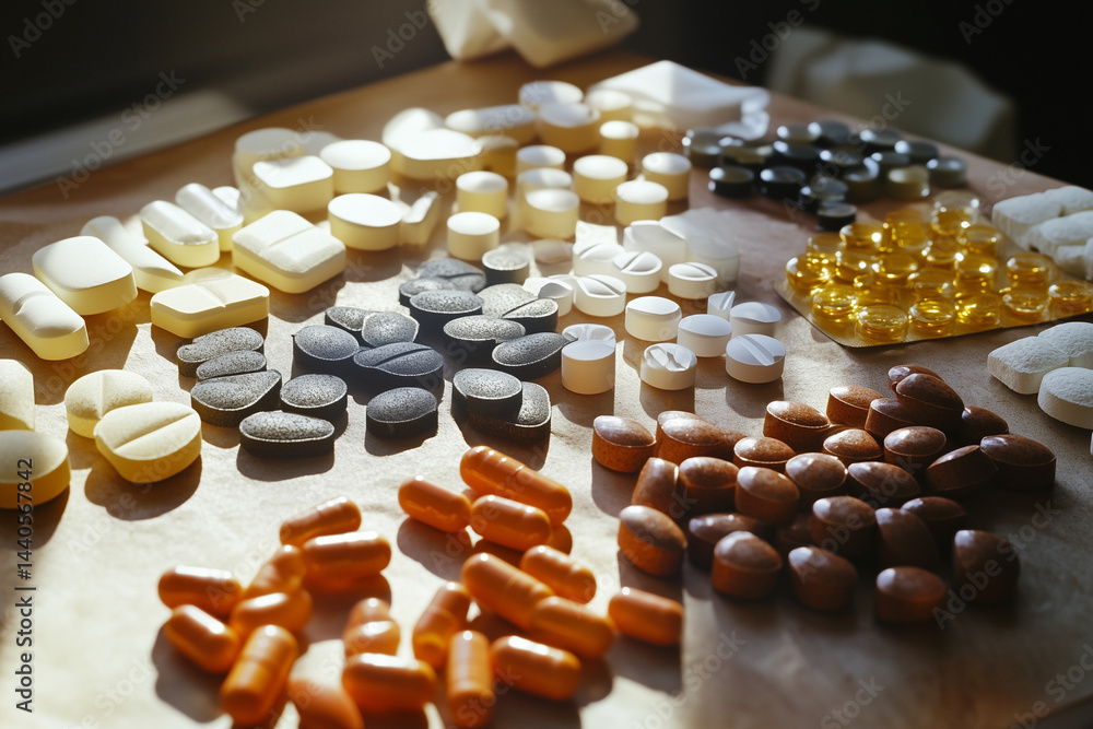 Poster table full of different colored pills and capsules. the pills are of various shapes and sizes, and t