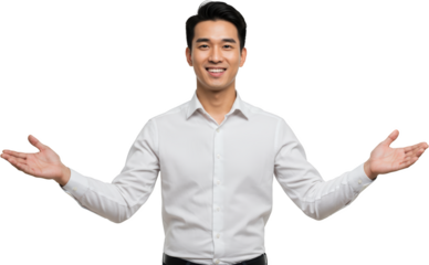 Welcoming Asian Man in Crisp White Shirt Open Arms Gesture