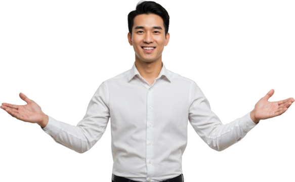 Welcoming Asian Man in Crisp White Shirt Open Arms Gesture