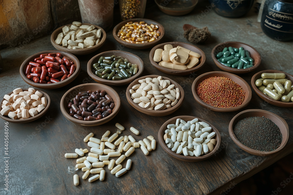 Poster table with many different colored pills in bowls. the table is cluttered and the pills are scattered