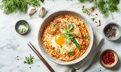 Delicious Homemade Dish with Egg, Rice, and Fresh Herbs on Table
