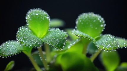 Close-up of vibrant, dewy plant sprouts against a dark background.