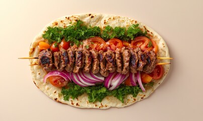 Grilled Meat Skewers on Flatbread with Fresh Vegetables and Herbs