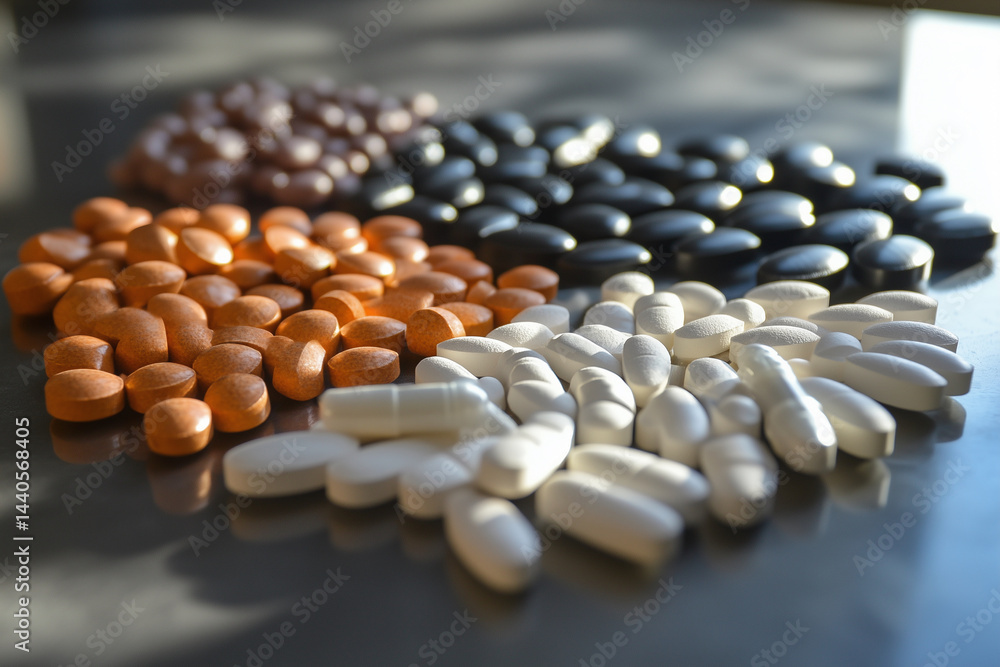 Poster pile of different colored pills on a table. the pills are of various shapes and sizes, and they are 