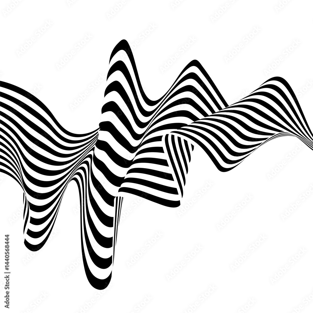 Poster black on white abstract perspective lines of wavy lines with dimensional effect isolated on white. e