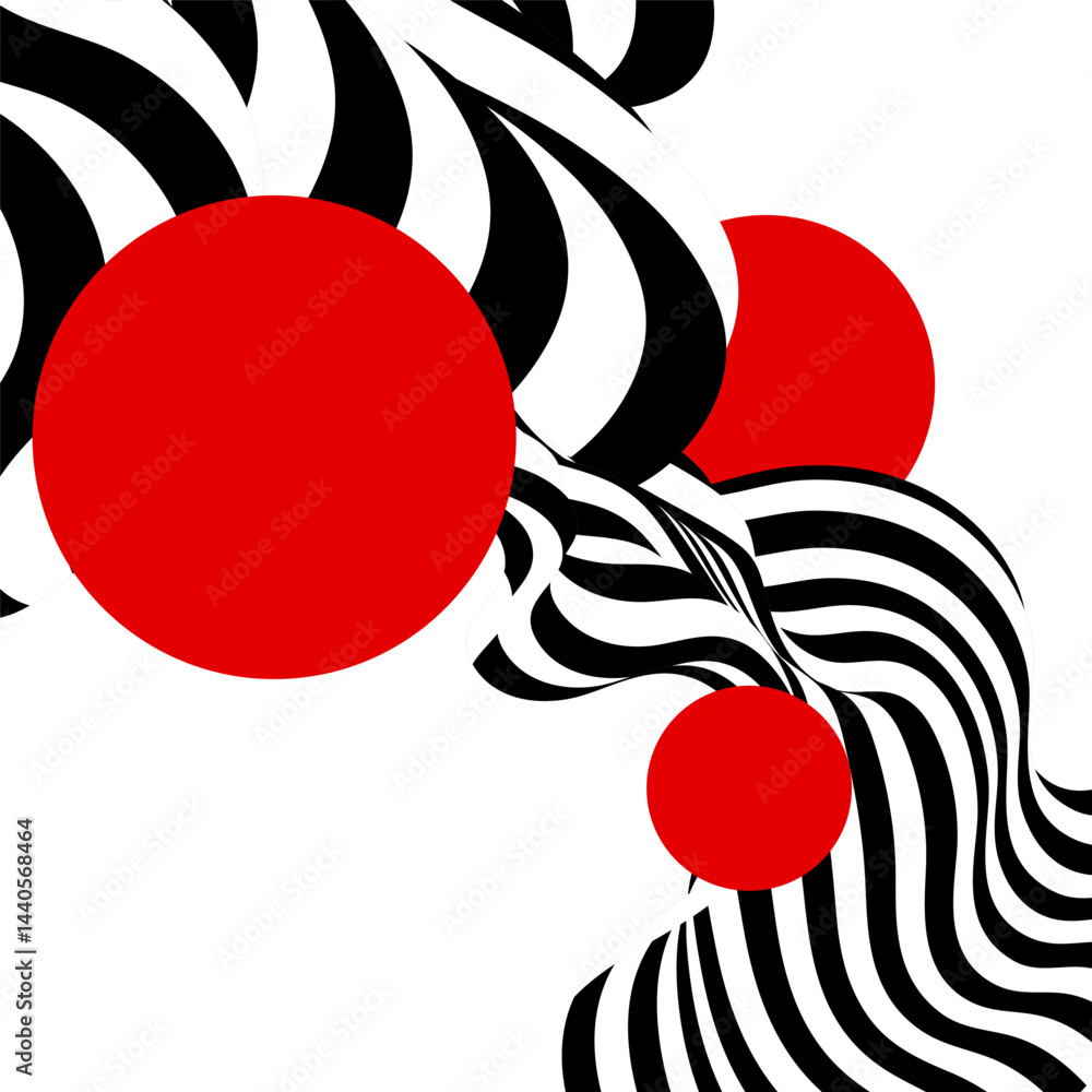 Poster abstract black and white waves. wave pattern with red circles. vector background. eps 10