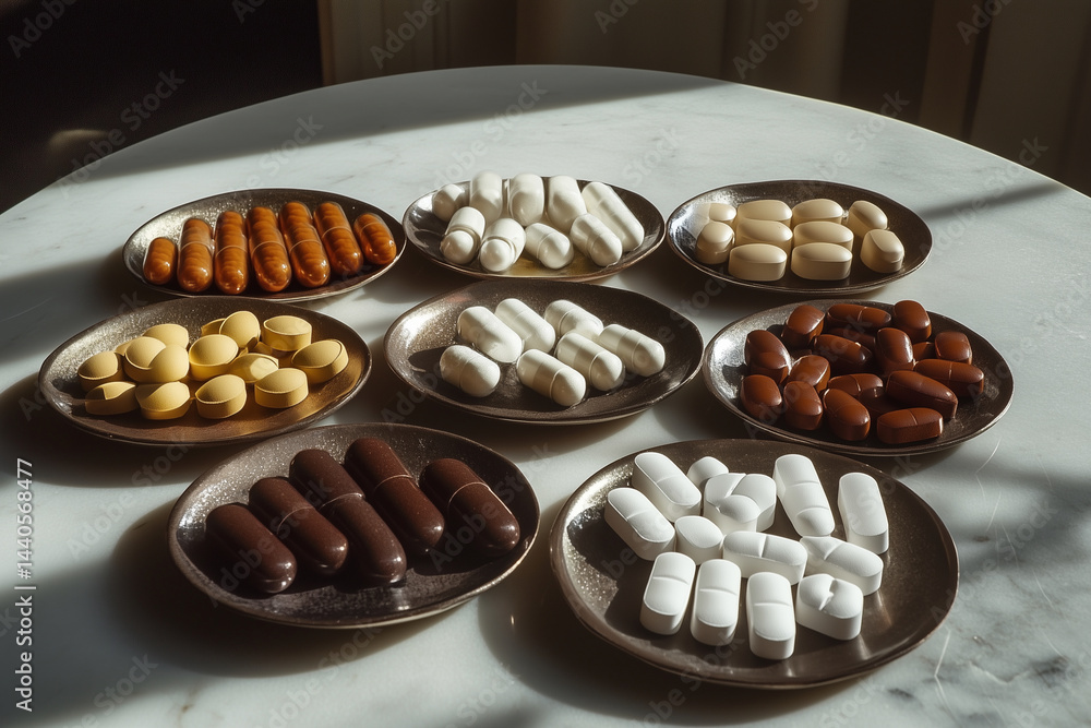 Poster table with a variety of different colored pills on plates. the table is white and the pills are in d