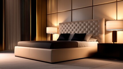 Modern bedroom interior with elegant decor, soft lighting, and a cozy atmosphere for relaxation