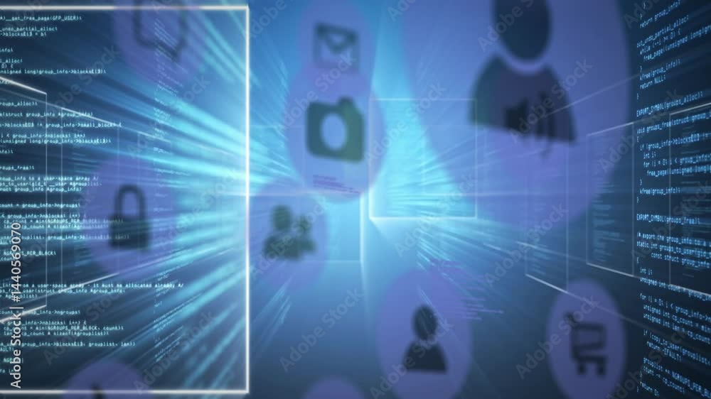 Poster cybersecurity dashboard projecting holographic interface, with floating padlock envelope user icons