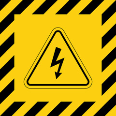 Danger high voltage sign vector. Isolated black and yellow triangle sign with eletric lightning. Electrical shock hazard icon. Caution electric shock danger symbol.
