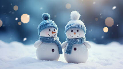 Two little snowmen wearing caps on snow in the winter, with space for festive text.

