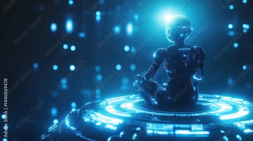 Poster robot meditating in lotus pose on glowing platform.