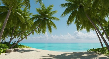 Tropical Beach Paradise with Palm Trees and Turquoise Water Scenery