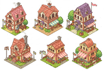 Naklejka premium Six Charming Isometric Pixel Art Village Shop Illustrations