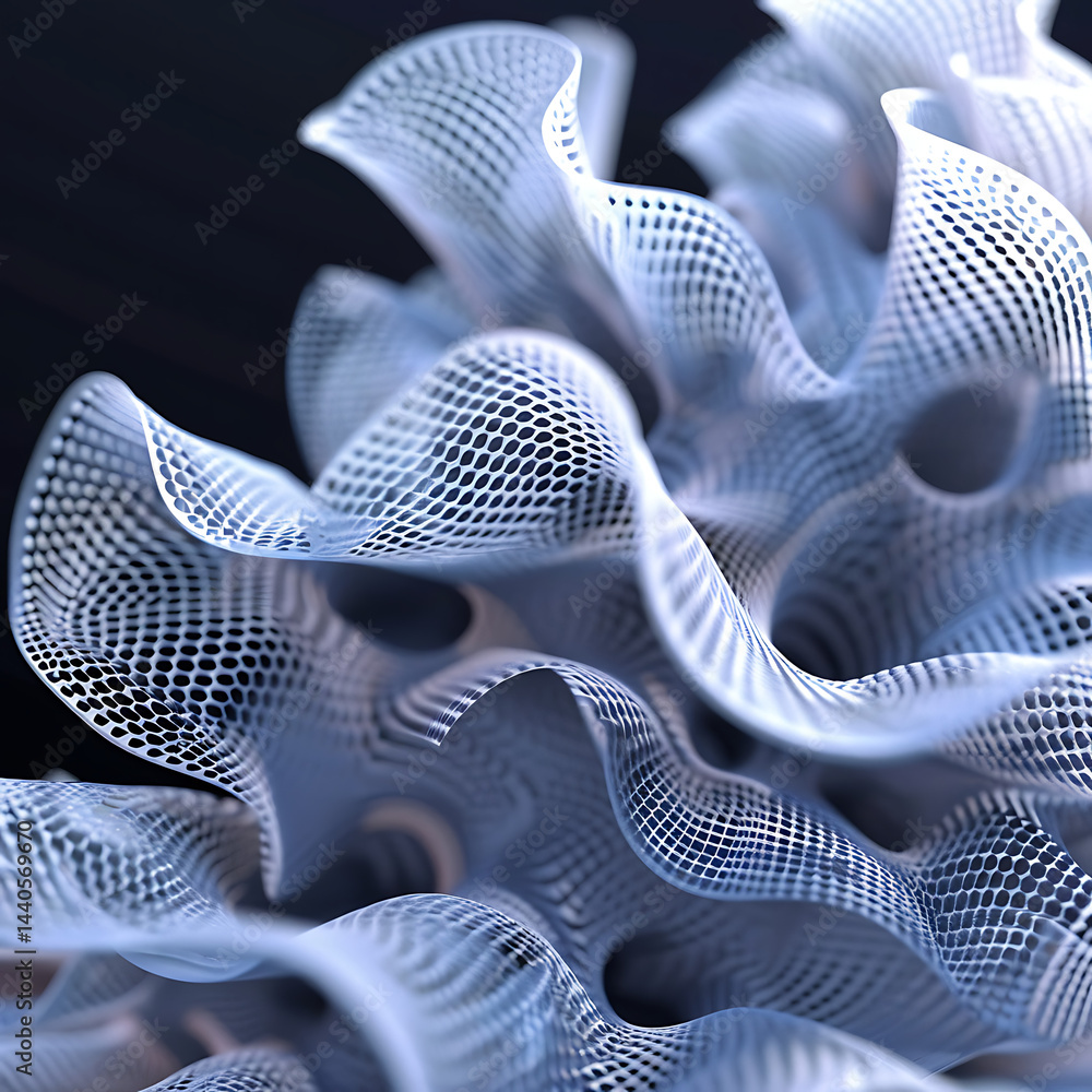 Poster abstract close-up of a flowing, white, three-dimensional mesh or net structure with organic curves a