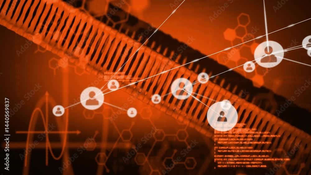 Poster abstract helical coil stretching diagonally across orange scene, linking user icons via data lines