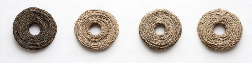 Four spools of twine in varying shades of brown and beige, arranged in a row