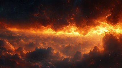 Fiery clouds blaze across a dark sky