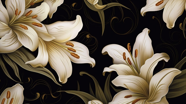 Fototapeta Vintage luxury shiny seamless golden leaves floral background on black, ideal for festive cards and royal designs.  