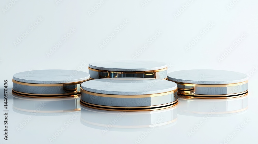 Poster set of abstract mirrored podiums with reflective edges on white background