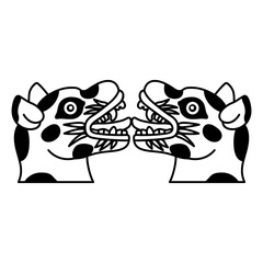 Symmetrical animal design with two dog heads. Itzcuintli. Ethnic Native American art of Mexican Indians from Aztec codex. Black and white silhouette.