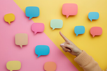 Obraz premium hand pointing at a wall of colorful speech bubbles. The speech bubbles are arranged in a way that they seem to be having a conversation with each other