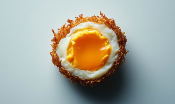 Crispy Fried Egg Nest with Golden Yolk Center on White Background