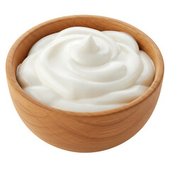 Creamy Yogurt in Wooden Bowl &ndash; Dairy Food Isolated on Transparent Background, yogurt, creamy, bowl, wooden, dairy, food, snack, healthy, fresh, breakfast, natural, smooth, white