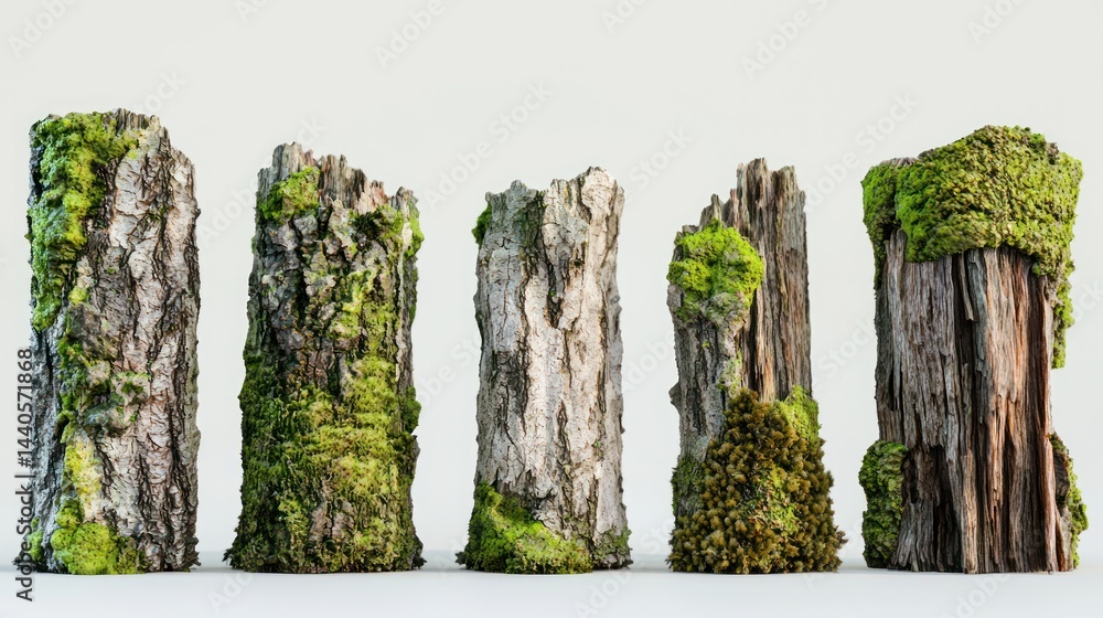 Poster set of ancient moss-covered tree trunks with rough bark on white surface.