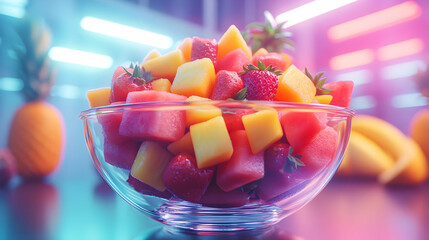 3D Rendered Glass Bowl of Fruit Salad with Neon Lights
