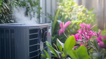 Outdoor Air Conditioning Unit with Steam Amidst Lush Green Plants and Pink Flowers