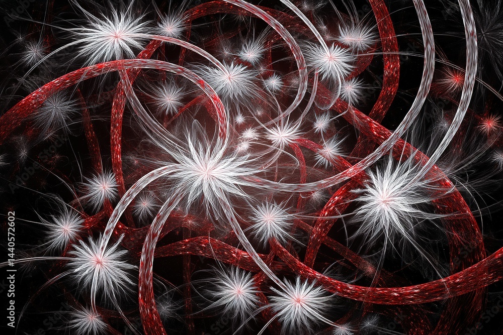 Poster abstract digital art showcasing intricate red and white patterns resembling organic structures and f