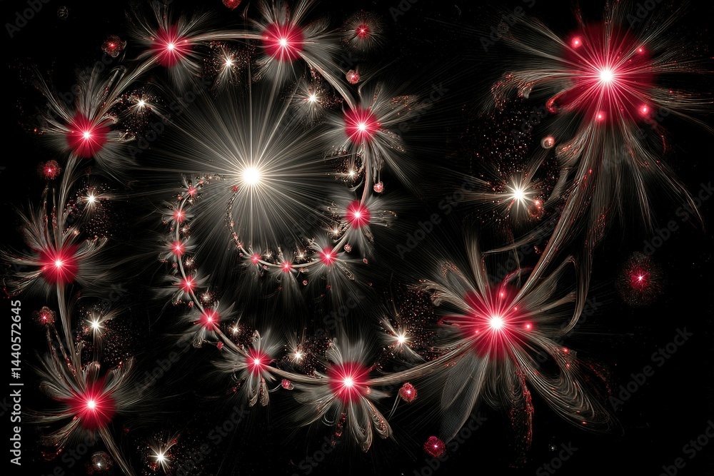Poster abstract swirling design with red and white elements against a dark background creating a vibrant di