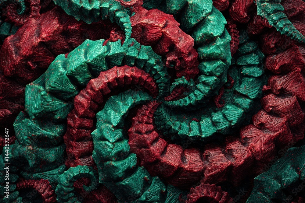 Poster intricate pattern of intertwined red and green tentacles displayed on a textured surface