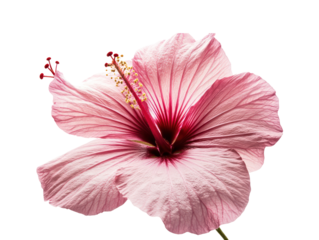 Vivid pink hibiscus flower in a close-up.  The petals and stamens are in sharp focus.
