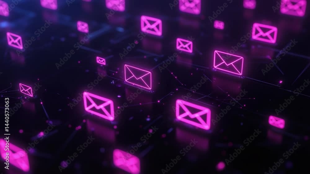 Poster neon email symbols in network connection background for digital communication and technology concept