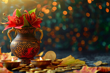 Fototapeta premium Greeting card with holiday composition for happy Akshaya Tritiya