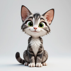 Obraz premium HD Cute 3D Cartoon Character Sitting Cat Looking at Camera Isolated on grey & white Background.