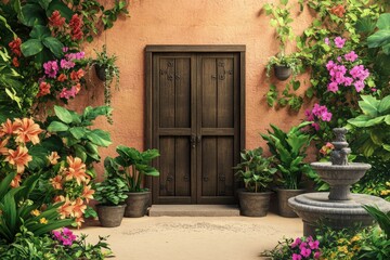 Ornamental exterior entrance with lush foliage and a fountain.