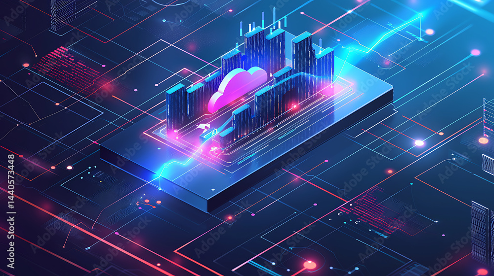 Aufkleber fictional digital illustration: glowing cloud symbol and cityscape rise from a microchip platform wi