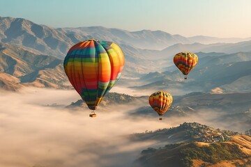 Fototapeta premium Colorful hot air balloons rise over a serene valley at dawn with mist drifting through the landscape