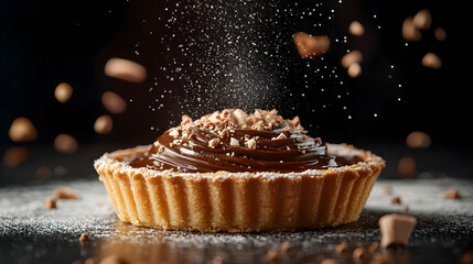 Chocolate Tart with Nut Topping and Powdered Sugar - Food Photography
