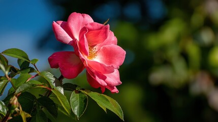 Vibrant pink rose blooming amidst lush greenery under a clear blue sky, symbolizing beauty